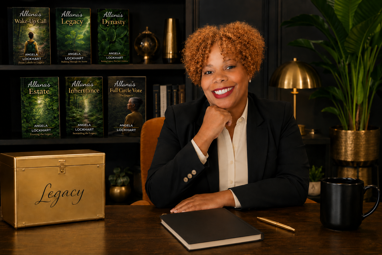 Angela Lockhart, founder of LegaNexus, with the Allana's Legacy book series and a gold legacy box